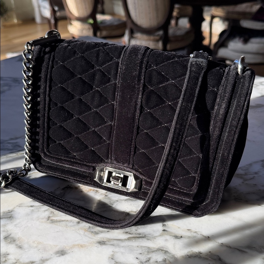 Rebecca Minkoff Love Quilted Velvet Black Crossbody Purse Bag